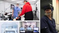 Collage of innovative technology including 3d printer, virtual reality tools, and simulation room