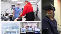 Collage of innovative technology including 3d printer, virtual reality tools, and simulation room
